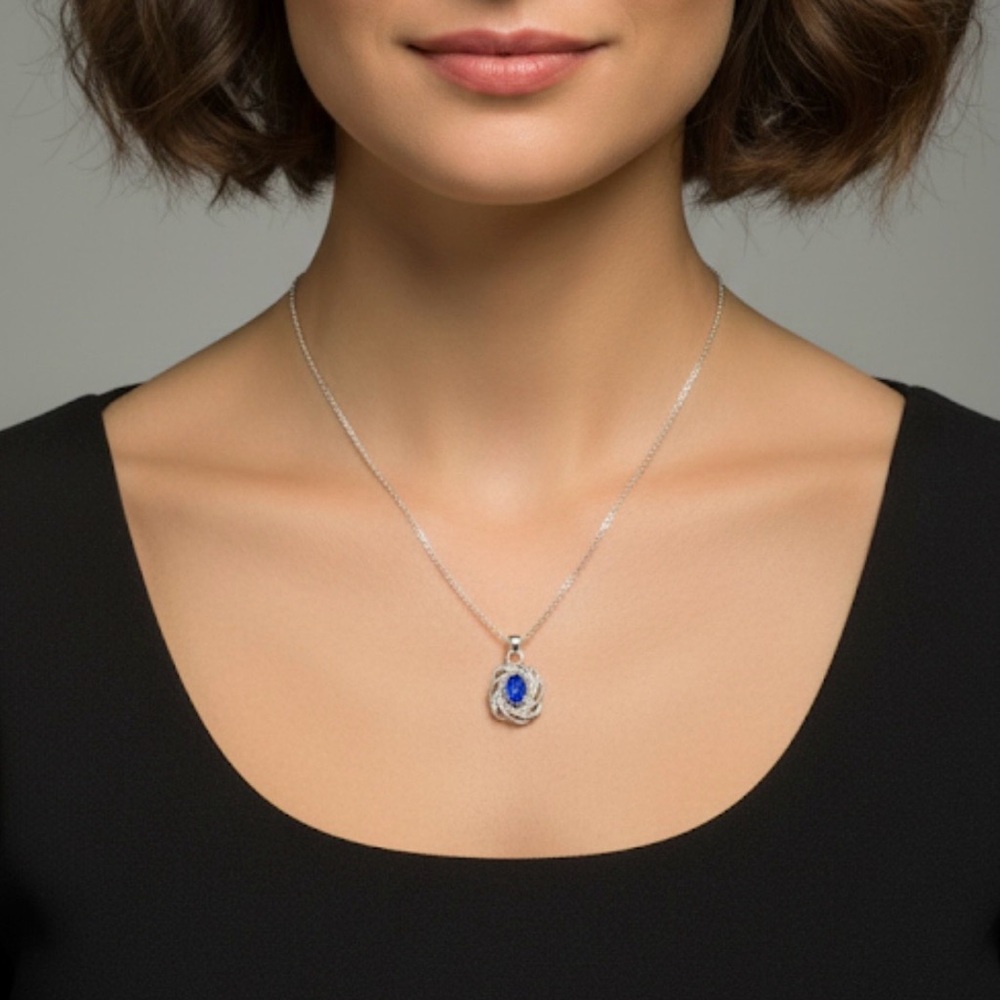 Blue Sapphire (lab created) and Rhinestone Pendant Necklace, Blue Silver-tone